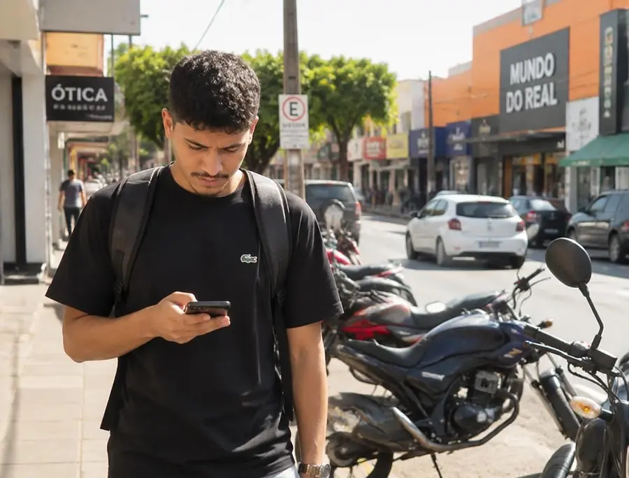 Jovem brasileiro consultando o celular em uma rua com motos e carros